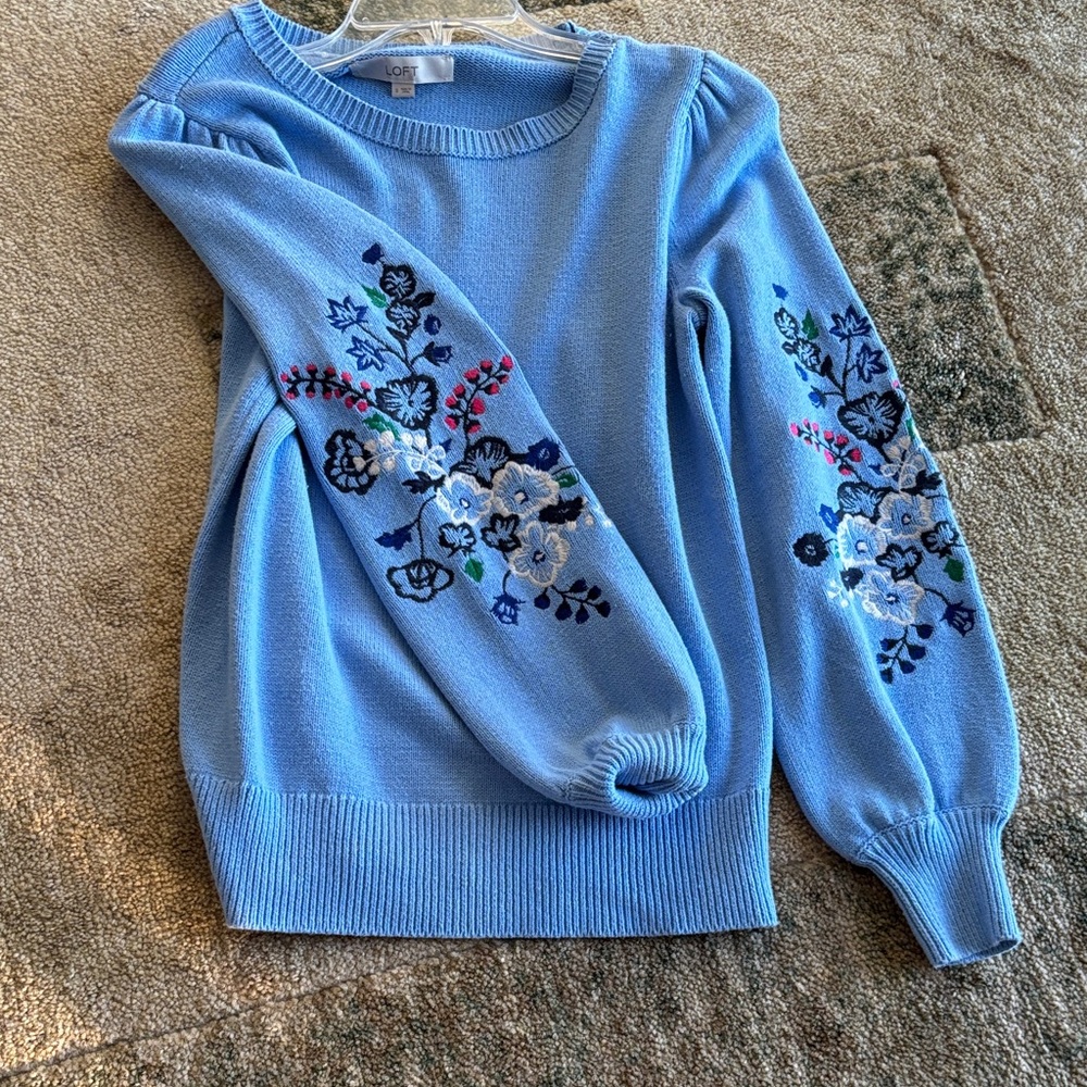 LOFT Blue Women's Sweater with Floral Embroidery